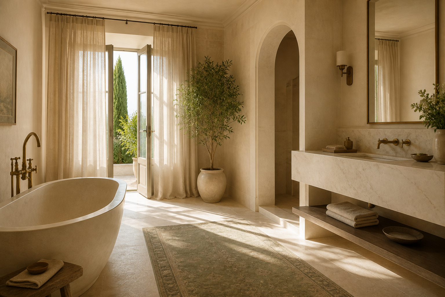 A sunlit NeyVora atelier bathroom