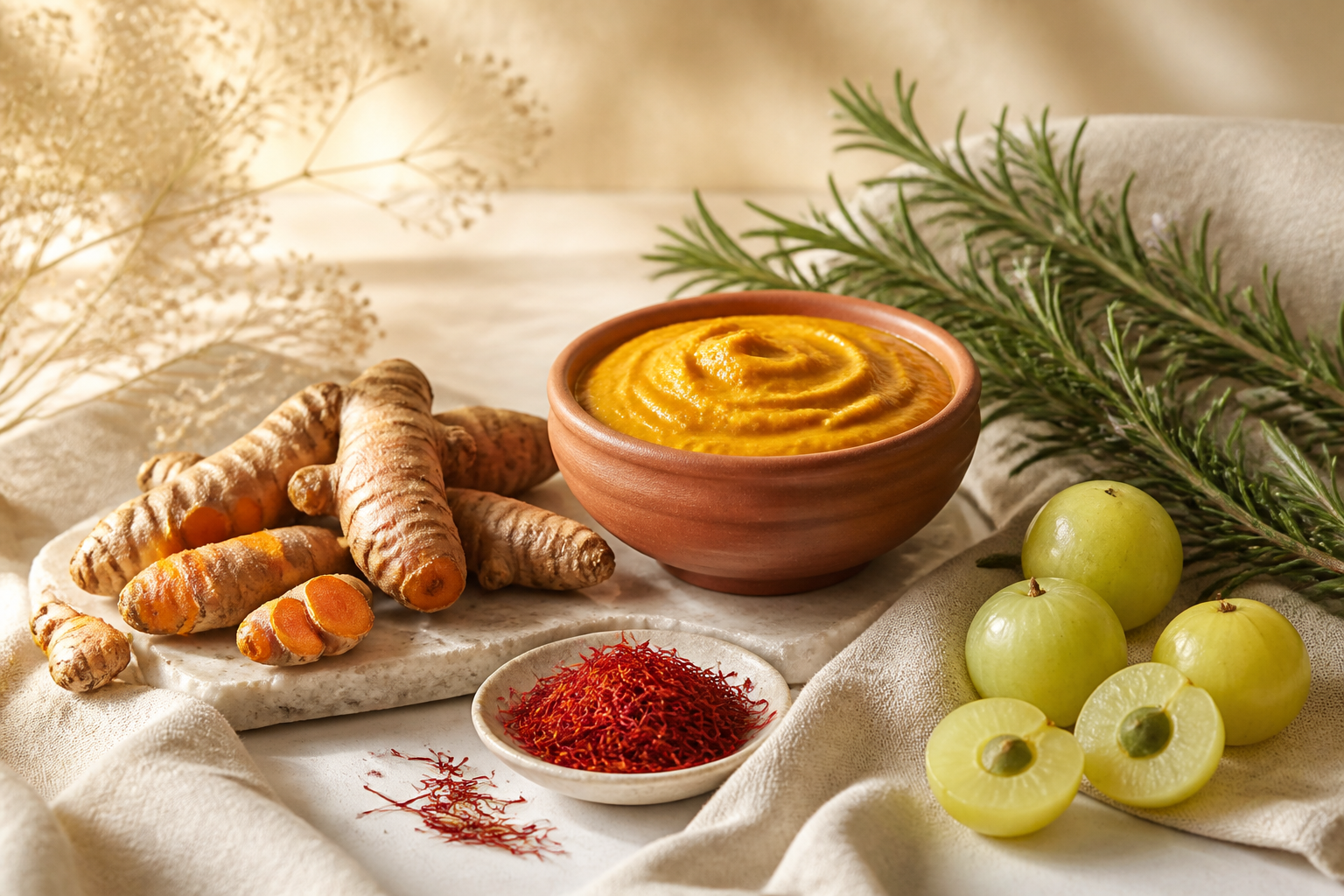 Turmeric, saffron and botanicals arranged on linen