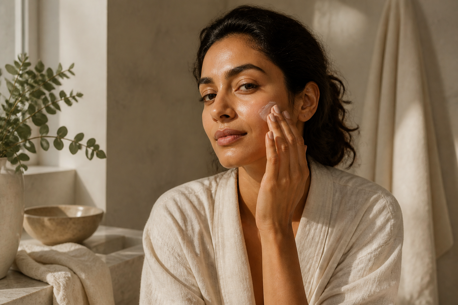 A woman applying NeyVora cream in warm morning light