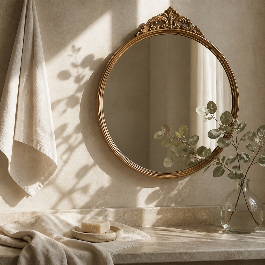A quiet vanity with linen and botanicals
